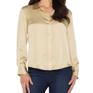 Liverpool Los Angeles Gold Champagne Satin Button Down Shirt Blouse